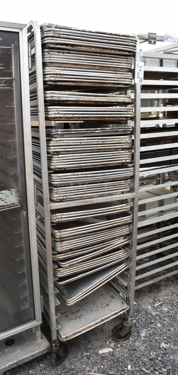 Metal Commercial Pan Transport Rack on Commercial Casters w/ 68 Metal Pans - Image 1 of 6