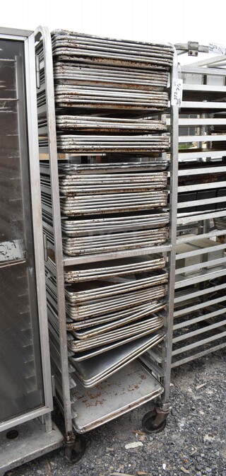 Metal Commercial Pan Transport Rack on Commercial Casters w/ 68 Metal Pans