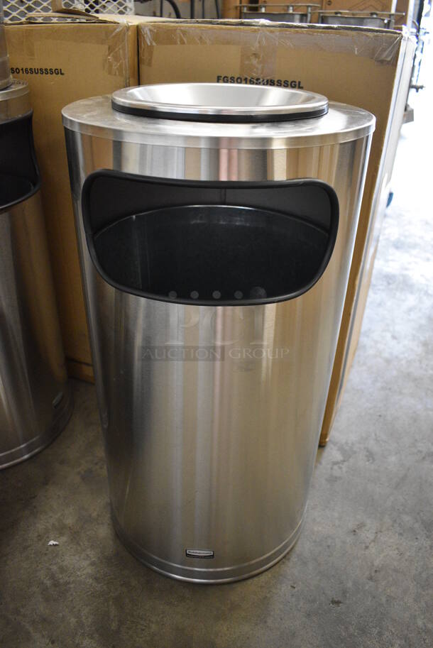 2 BRAND NEW! Rubbermaid Metallic Metal Trash Can w/ Ash Tray Top. 15x15x28. 2 Times Your Bid!