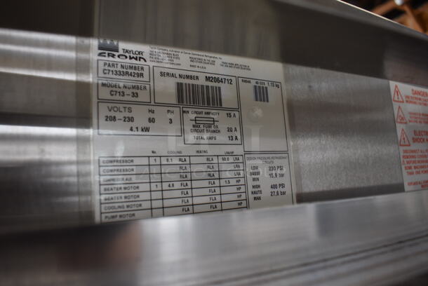 2012 Taylor Model C713-33 Stainless Steel Commercial Floor Style 2 Flavor w/ Twist Soft Serve Ice Cream Machine on Commercial Casters. 208-230 Volts, 3 Phase. 25x36x60 - Image 5 of 6