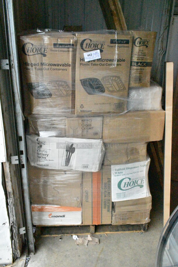 PALLET LOT of 40 BRAND NEW Boxes Including 2 Box 500TO993C3 Choice 9" x 9" x 3" Microwaveable 3-Compartment Black / Clear Plastic Hinged Container - 100/Case, 2 Box 5535411 Acopa 11.5 oz. Customizable Glass Goblet - 12/Case, 130BKFKSNX500 Choice Black Extra Heavy Weight Wrapped Plastic Cutlery Pack with Napkin - 500/Case, 5001TPJ Lavex 1-Ply 1400' Universal Jumbo Toilet Paper Roll with 9" Diameter - 12/Case, 4 Box 966UPWIDEB OneUp by Choice White 2-Ply Wide Interfold 6 1/2" x 8 1/2" Dispenser Napkin - 6000/Case, 43309LPIE100 Choice 9" Clear Hinged Low Pie Container - 100/Case, 2 Box 2 Box 130HBKCUTFW Visions Individually Wrapped Black Heavy Weight Plastic Fork - 1000/Case, 3 Box 130BKFORKH Choice Black Heavy Weight Plastic Fork - 1000/Case, 500LFLAT5 Choice Lids. 40 Times Your Bid! - Image 1 of 12