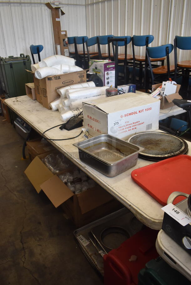 ALL ONE MONEY! Table and Floor Lot Including Cups, Lids, School Utensil Kit, Pans, Trays and MORE! Table Not Included - Image 1 of 7
