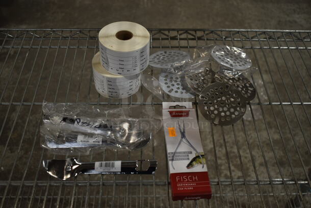 Lot of Various BRAND NEW! Items Including Labels, 4 Can Openers, Fish Plier, Strainer Plates - Image 1 of 12