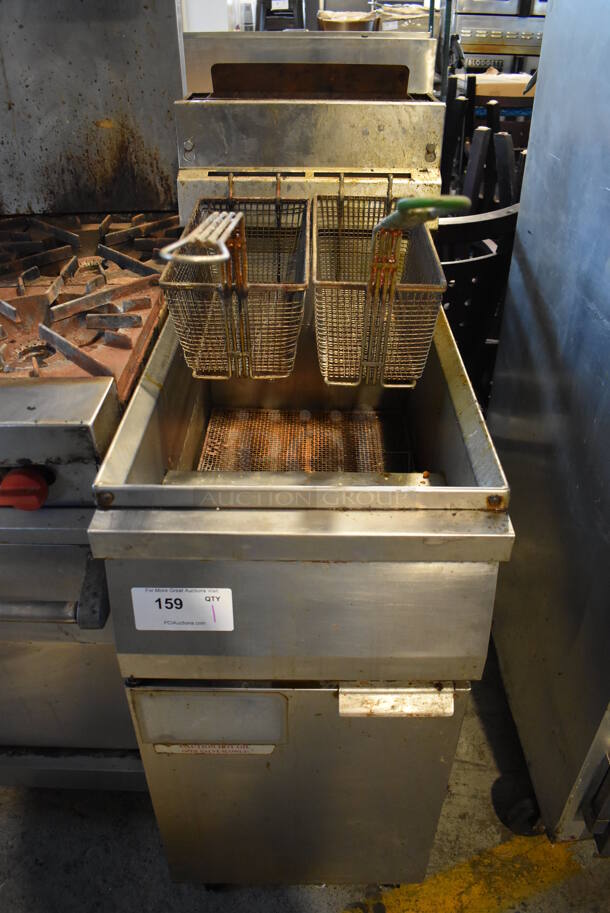 Stainless Steel Commercial Natural Gas Powered Deep Fat Fryer w/ 2 Metal Fry Baskets. 16x31x48