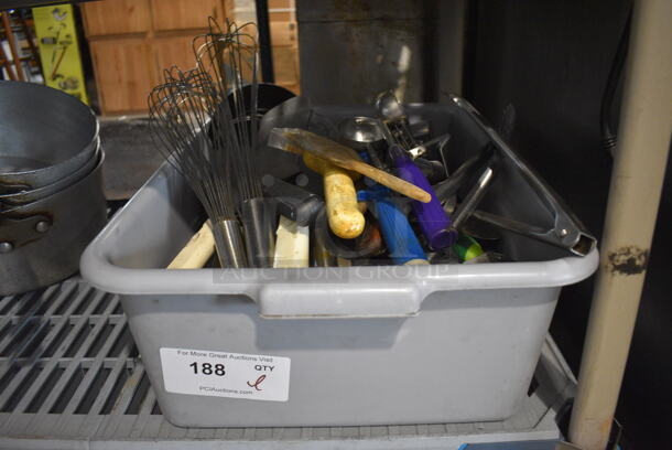 ALL ONE MONEY! Lot of Various Metal Utensils in Gray Poly Bus Bin.  - Image 4 of 4