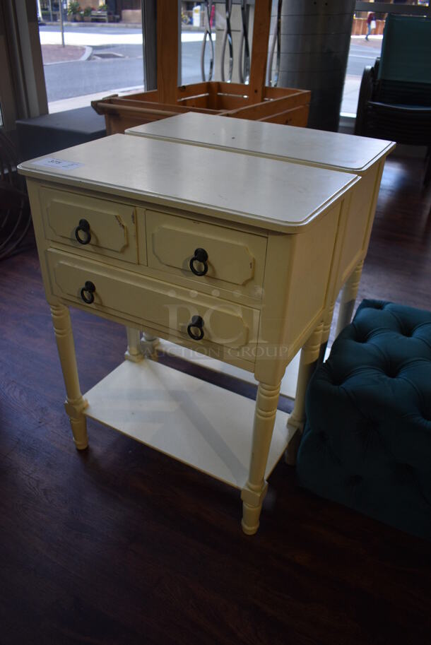 2 White Wooden End Tables w/ 3 Drawers and Under Shelf. 24x13x32. 2 Times Your Bid! (lounge) - Image 2 of 5
