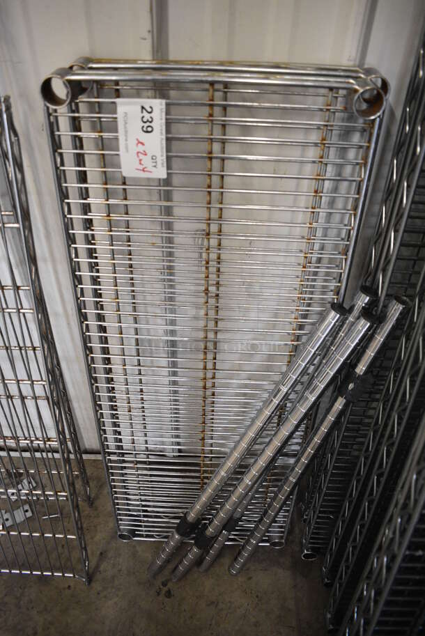 ALL ONE MONEY! Lot of 2 Chrome Finish Metro Style Shelves and 4 Chrome Finish Poles! 36x14x1.5, 28