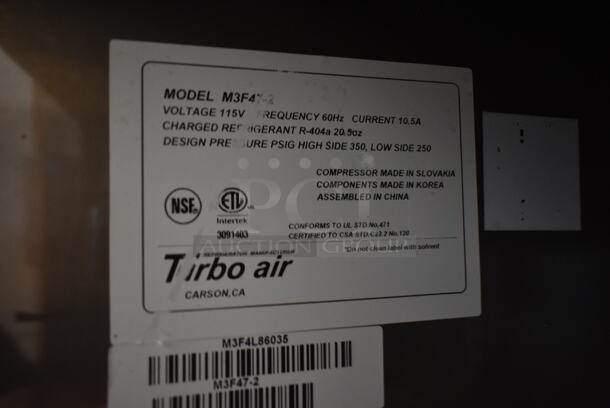 Turbo Air M3F47-2 Stainless Steel Commercial 2 Door Reach In Freezer w/ Poly Coated Racks and Commercial Casters. 115 Volts, 1 Phase. Tested and Powers On But Does Not Get Cold - Image 6 of 7