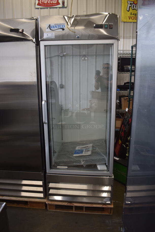 BRAND NEW SCRATCH AND DENT! Avantco 178A23RGHC Commercial Stainless Steel Single Glass Door Reach-In Cooler. 115V. Tested and Working! - Image 1 of 7