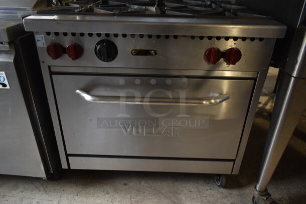 Vulcan Stainless Steel Commercial Natural Gas Powered 6 Burner Range w/ Oven, Over Shelf and Back Splash on Commercial Casters.  - Image 4 of 6