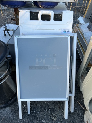 3 Sidewalk Signs; 1 White and 2 Metal. Includes 24.5x3x45.5. 3 Times Your Bid!