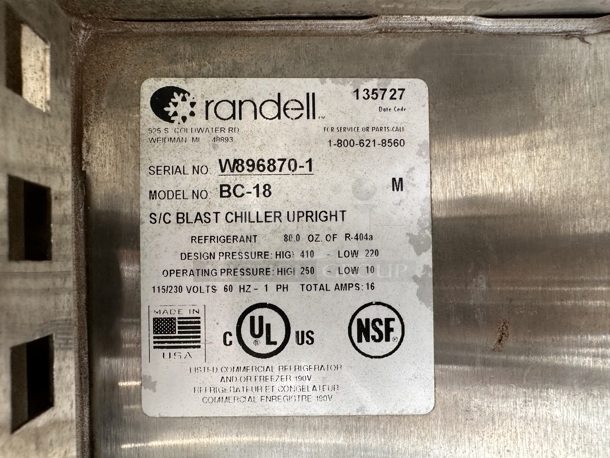 2015 Randell BC-18 Stainless Steel Commercial Floor Style Blast Chiller. Door Needs To Be Reattached.40 115/230 Volts, 1 Phase. - Image 7 of 7