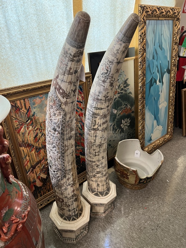 2 Carved Bone Elephant Tusk Shaped Statues. 2 Times Your Bid! - Image 10 of 10
