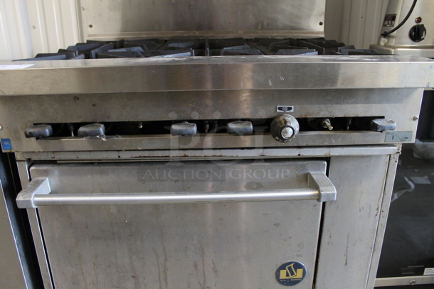 Garland S-6-26 Stainless Steel Commercial Natural Gas Powered 6 Burner Range w/ Oven, Over Shelf and Back Splash.  - Image 3 of 6