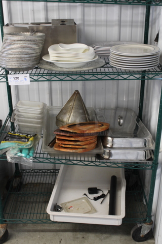 ALL ONE MONEY! THREE TIER LOT of Various Items Including Ceramic Plates, Metal China Cap Strainer and Poly Dough Bin