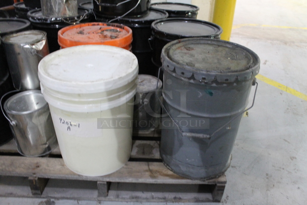 ALL ONE MONEY! PALLET LOT of Buckets; Moisture Cure Primer Clear Blue, Light Organic Yellow, Behr Concrete Bonding Primer. BUYER MUST REMOVE. - Image 3 of 8