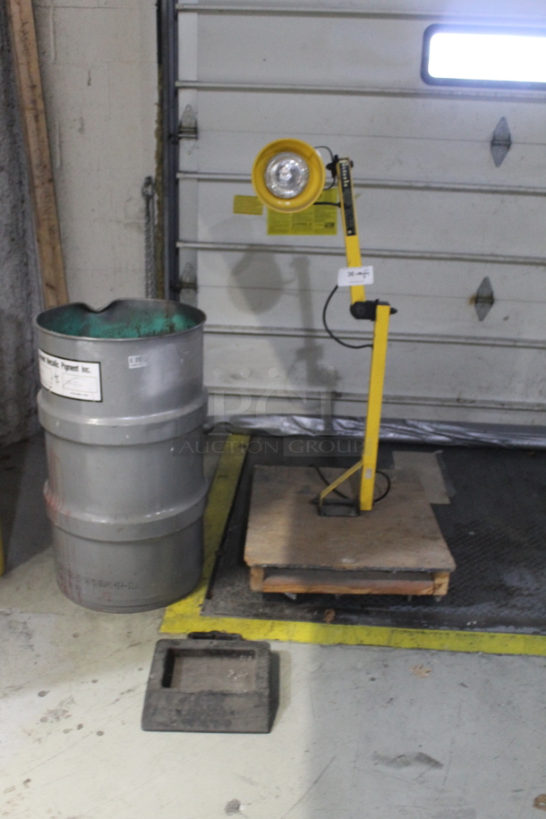 ALL ONE MONEY! Lot of Various Items Including Metal Barrel and Yellow Light Fixture. BUYER MUST REMOVE. - Image 1 of 5