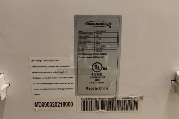 BRAND NEW SCRATCH AND DENT! Soleus Air DSX-70EM-01 70-Pint Smart Dehumidifier. 115 Volts, 1 Phase. Tested and Working! - Image 3 of 3