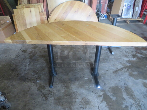 One 2 Inch Thick Solid Wooden Half Circle  Table Top On A Dual Pedestal Base. 28X57X30 - Image 1 of 2