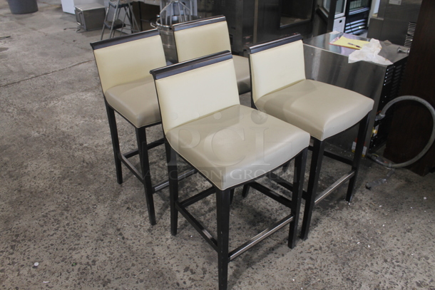 4 Bar Height Vinyl Cream Colored Cushioned Chairs With Brown Legs. Cosmetic Condition May Vary. 4 Times Your Bid! - Image 2 of 7