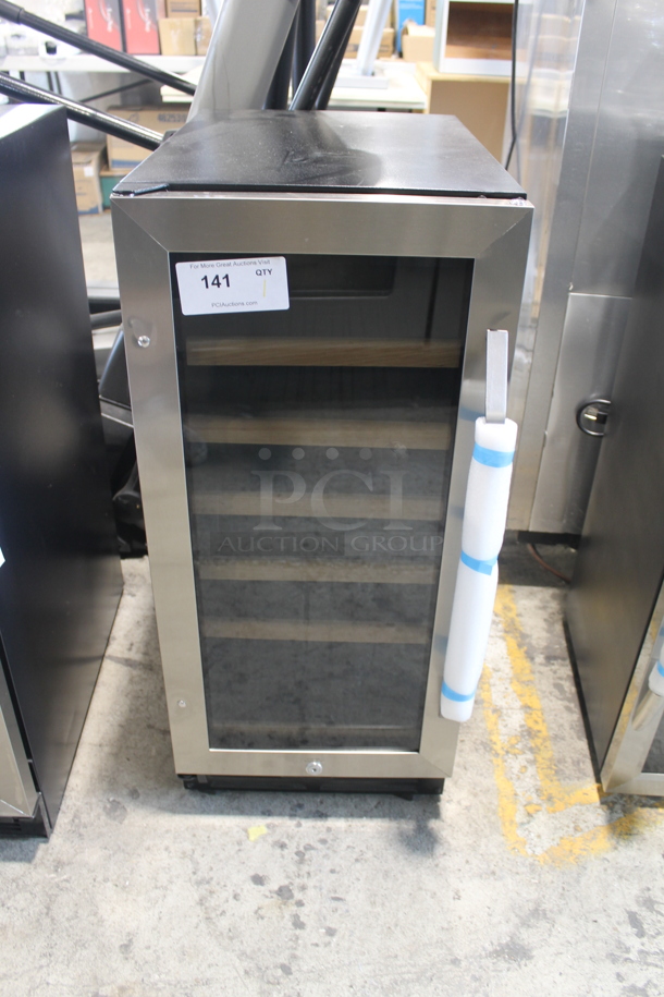 BRAND NEW SCRATCH AND DENT! Avanti WC3015S3S Wine Chiller With Glass Door Trimmed in Stainless Steel With Wood Front Pull Out Racks, Black.  115V. Tested and Working! - Image 1 of 6