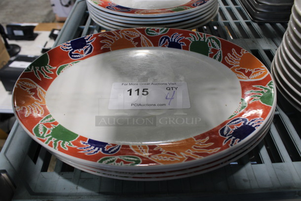 4 White Ceramic Oval Plates w/ Multi Color Crab Design on Rim. 13.5x10.5x1. 4 Times Your Bid!