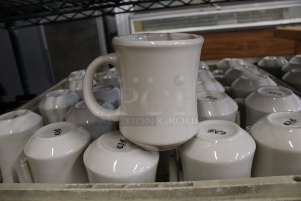25 White Ceramic Mugs in Dish Caddy. 4.5x3x4. 25 Times Your Bid!