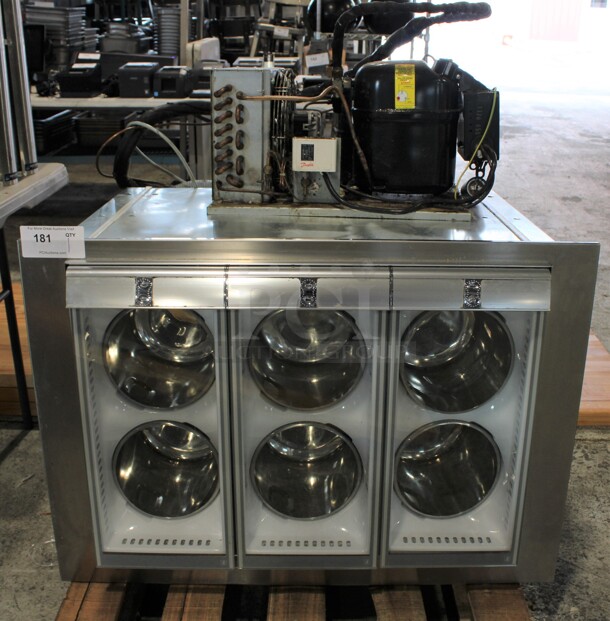 Stainless Steel Commercial Gelato Case Drop In w/ 3 Glass Lids and Tecumseh Model AJ303ET-336-J7 Remote Compressor. 208-220 Volts, 1 Phase. 36.5x26x27
