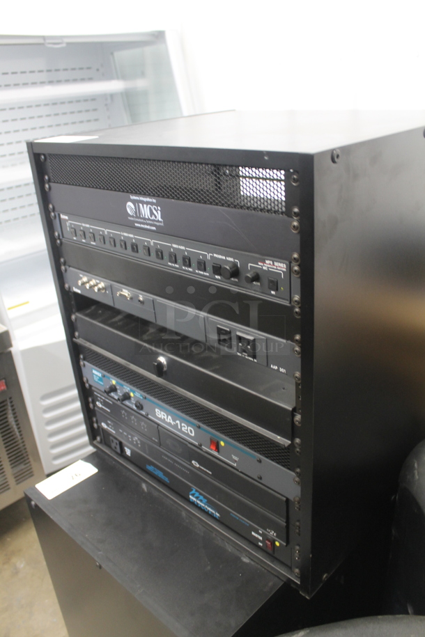 6 Electronic Rack Units in Black Metal Cabinet; Middleby Atlantic Power Center, Crestron Control Processor, Crestron Volume Tone Control, Ashly SRA-120 Power Amplifier, Extron AAP 301 Interface Extron Media Presentation Switcher. 6 Times Your Bid!   - Image 3 of 12