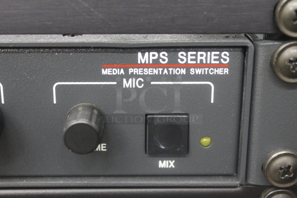 6 Electronic Rack Units in Black Metal Cabinet; Middleby Atlantic Power Center, Crestron Control Processor, Crestron Volume Tone Control, Ashly SRA-120 Power Amplifier, Extron AAP 301 Interface Extron Media Presentation Switcher. 6 Times Your Bid!   - Image 5 of 12