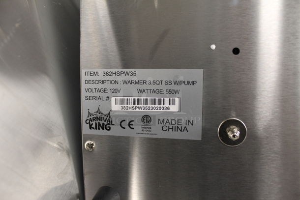 BRAND NEW SCRATCH AND DENT! Carnival King 382HSPW35 Stainless Steel Electric Countertop 3.5 Quart Condiment And Topping Warmer With Pump. 120V. Tested And Working!  - Image 8 of 9