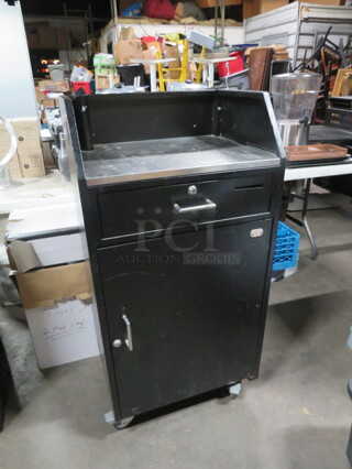 One Black Metal Valet/Hostess Stand With Umbrella Holder, Locking 1 Door/1 Drawer, On Casters. NO KEY! Will Hold 100 Car Keys. 24X19X48