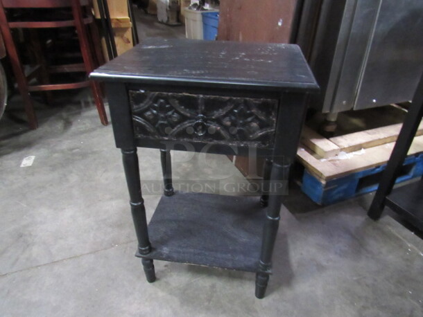 One Black Wooden Side Table With 1 Drawer And Under Shelf. 17X14X26.5