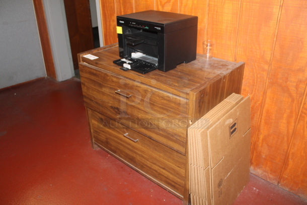 ALL ONE MONEY! Lot of Various Items Including Wood Pattern 2 Drawer Cabinet, Canon Printer, Cardboard Boxes and Poly Bucket. BUYER MUST REMOVE. - Image 3 of 6