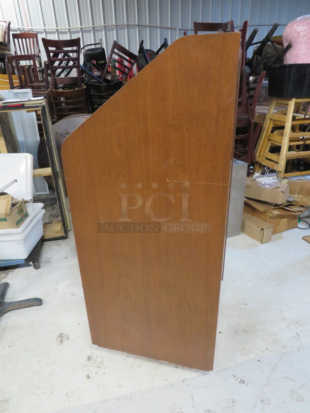 One Brown Laminate Trash Receptacle With An Overshelf, Under Storage With 1 Shelf, A Slim Jim Trash Can On Casters. 26X23X55 - Image 3 of 3