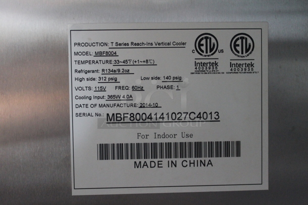 2014 Atosa MBF8004 Stainless Steel Commercial Single Door Reach In Cooler w/ Poly Coated Racks on Commercial Casters. 115 Volts, 1 Phase. Tested and Working! - Image 9 of 10