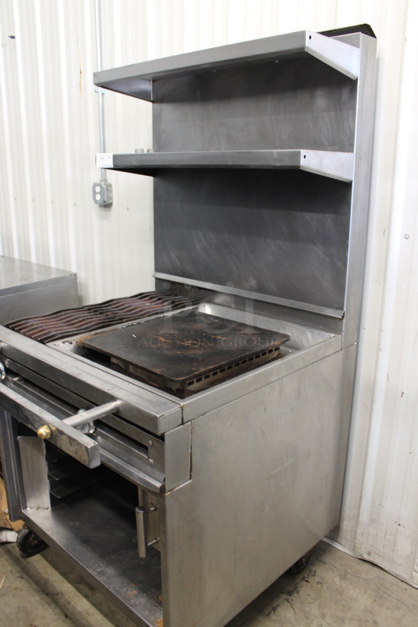 Stainless Steel Commercial Countertop Natural Gas Powered 2 Burner Charbroiler Grill and Flat Top Griddle Station w/ 2 Tier Over Shelf on Commercial Casters. - Image 4 of 11