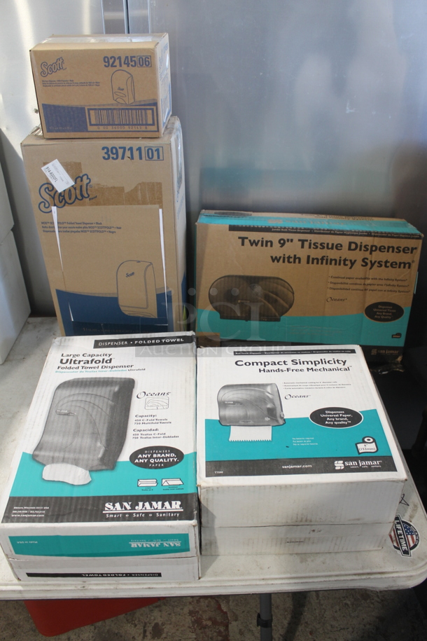 5 Various BRAND NEW IN BOX! Dispensers. Includes Hand Towel and Toilet Paper. 5 Times Your Bid!