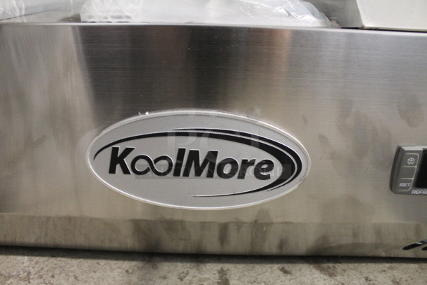 BRAND NEW SCRATCH AND DENT! KoolMore SCDC-3P-SSL Stainless Steel Commercial Countertop Refrigerated Rail w/ 3 Drop In Bins and Glass Sneeze Guard. 115 Volts, 1 Phase. Tested and Working!
 - Image 3 of 12