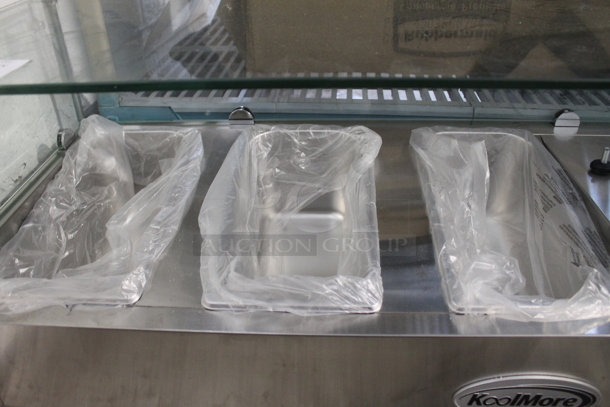 BRAND NEW SCRATCH AND DENT! KoolMore SCDC-3P-SSL Stainless Steel Commercial Countertop Refrigerated Rail w/ 3 Drop In Bins and Glass Sneeze Guard. 115 Volts, 1 Phase. Tested and Working!
 - Image 5 of 12
