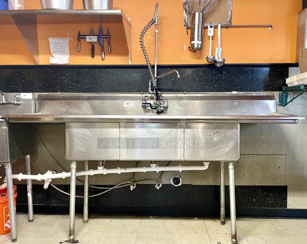 BEAUTIFUL!!  Regency Spec Line 88" 14 Gauge Stainless Steel Three Compartment Commercial Sink with 2 Drainboards On Legs With Adjustable Bullet Feet + Pre-Wash Unit. 88x25-1/2x45-3/8 - Image 4 of 4