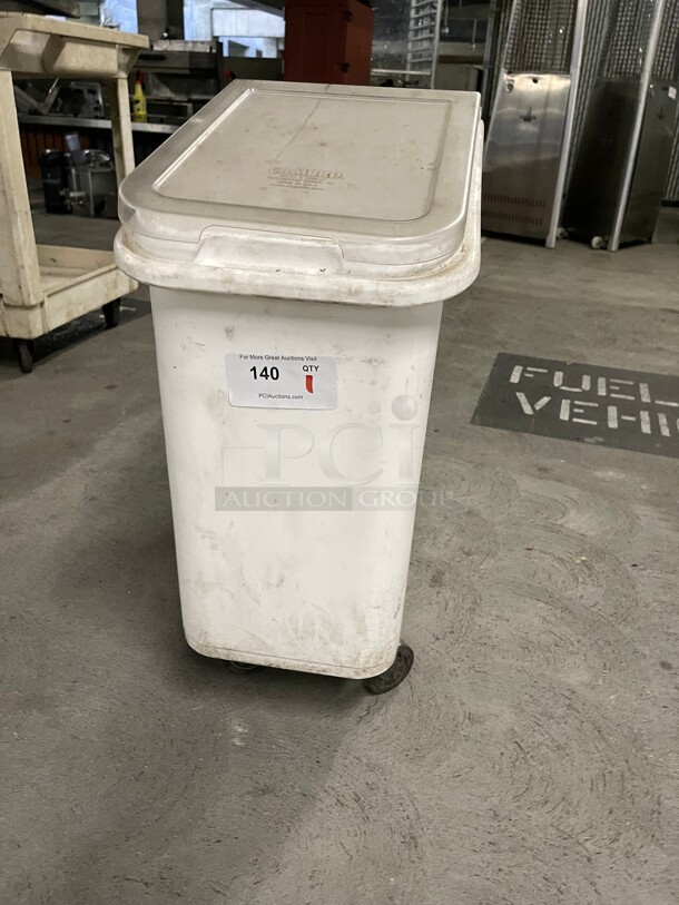 Cambro 27 Gallon / 430 Cup White Slant Top Mobile Ingredient Storage Bin with 2-Piece Sliding Lid & S-Hook - Image 1 of 7