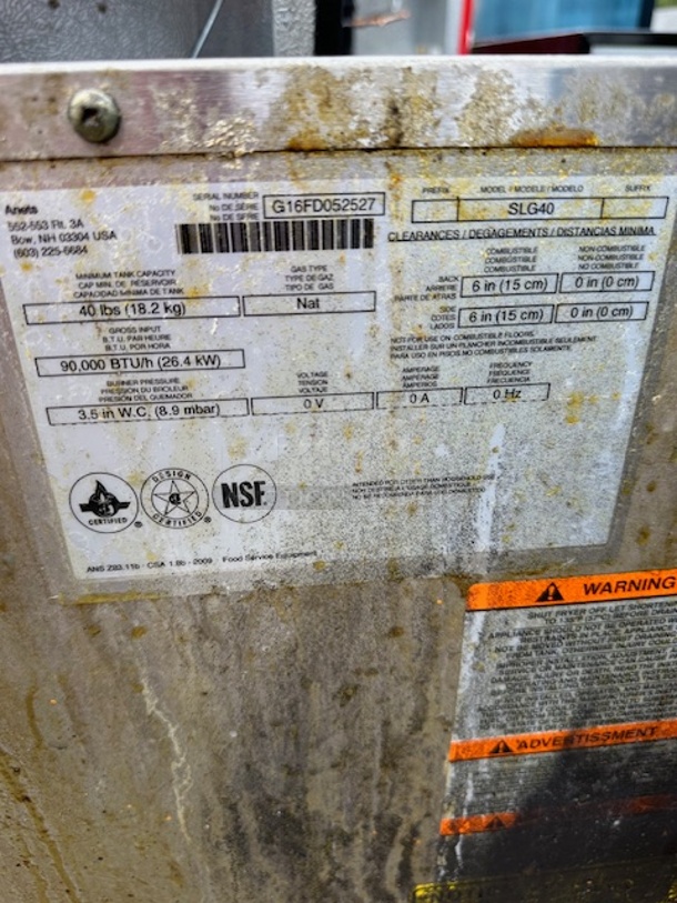 One Anets Natural Gas 40lb Deep Fryer With 2 Baskets. Model# SLG40. 16X28X46. $3256.00 - Image 2 of 2