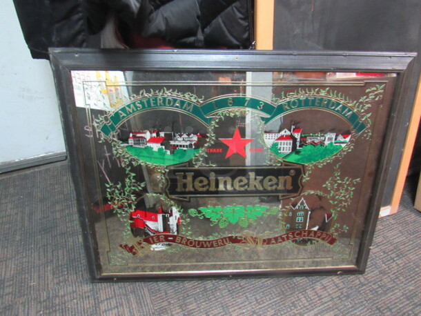 One 36X28 Vintage Wooden Framed Heineken 1873 Mirror. 