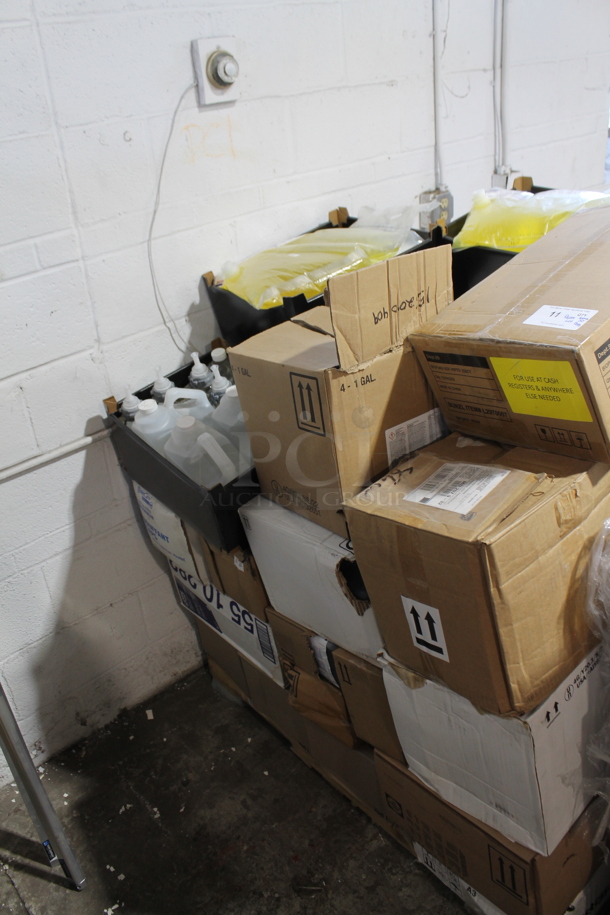 PALLET LOT of 50 Boxes of Various Cleaners Including Block Whitener and Label Rolls. 50 Times Your Bid!