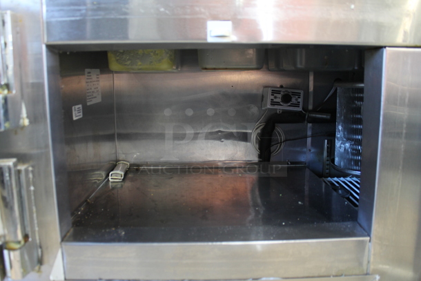 2017 Leader LM48 S/C Stainless Steel Commercial Sandwich Salad Prep Table Bain Marie Mega Top w/ 2 Tier Over Shelf on Commercial Casters. 115 Volts, 1 Phase. Tested and Powers On But Does Not Get Cold - Image 3 of 5