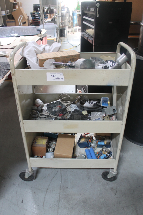 Metal 3 Tier Cart w/ Contents on Commercial Casters. - Image 1 of 4