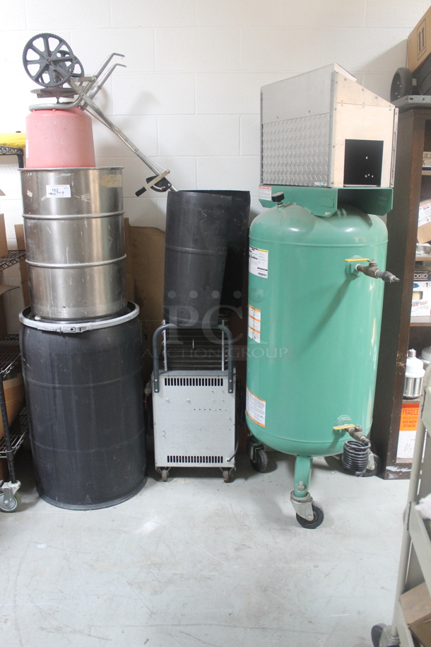 ALL ONE MONEY! Lot of Various Items Including Speedaire 5Z365A Green Metal Air Compressor, Poker Battery Charger and Barrels. BUYER MUST REMOVE. - Image 1 of 5