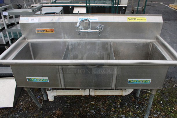 Stainless Steel Commercial 3 Bay Sink w/ Faucet and Handles. 60x24x44. Bays 18x18x10