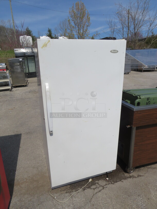 One Working Woods 1 Door Freezer With 3 Racks. Model# V15NAE. 115 Volt. 30X28X61